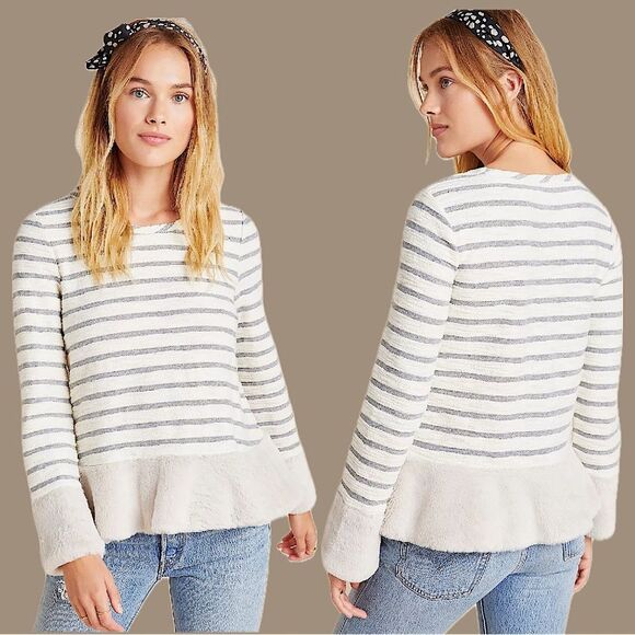 Maeve by Anthropologie Astor Fur-Trimmed Striped Pullover Size Medium - Picture 1 of 12